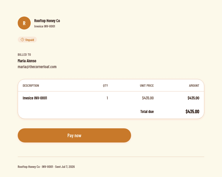 Branded invoice — Sent, tracked, paid