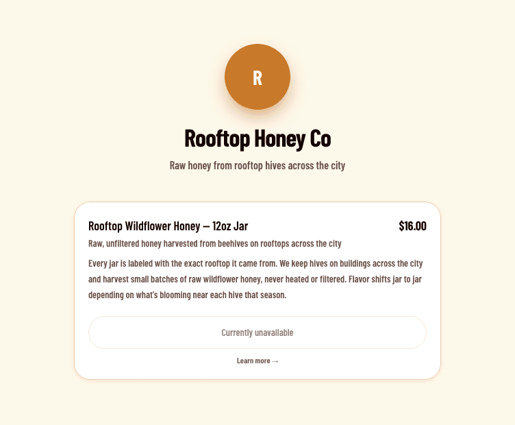 Published storefront — Checkout activates once payouts are connected
